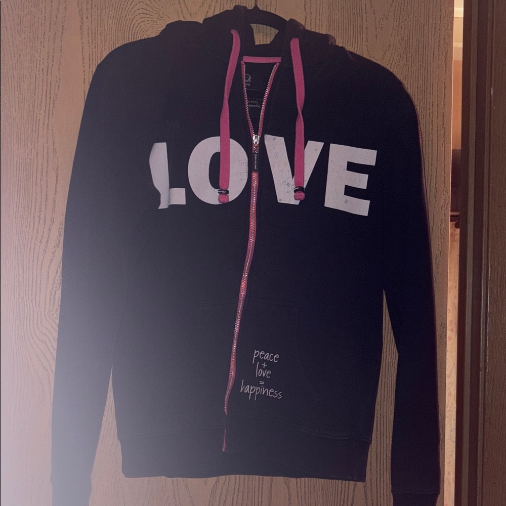 Vintage Peace Love World Black Hoodie with Pink Details
